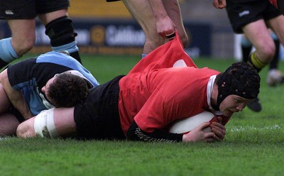 050405 Cardiff vs Newbridge Welsh Premier  LeagueJames Goode crashes through the Newbridge defence for the first of his two tries as Cardiff win at home in The Premier LeagueDarren Griffiths/