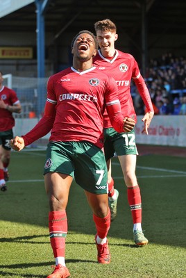 050425 - Carlisle United v Newport County - Sky Bet League 2 - Bobby Kamwa of Newport celebrates scoring his first goal of the match to make it 0-2 with Joe Thomas of Newport
