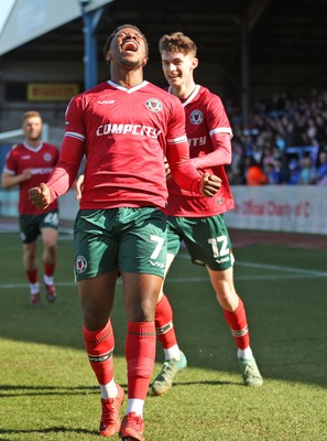 050425 - Carlisle United v Newport County - Sky Bet League 2 - Bobby Kamwa of Newport celebrates scoring his first goal of the match to make it 0-2 with Joe Thomas of Newport