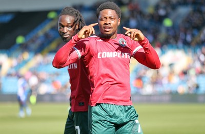 050425 - Carlisle United v Newport County - Sky Bet League 2 - Bobby Kamwa of Newport celebrates scoring his first goal of the match to make it 0-2 with Cameron Antwi of Newport behind