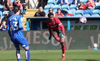 050425 - Carlisle United v Newport County - Sky Bet League 2 - Bobby Kamwa of Newport has a long shot on goal for 2nd goal
