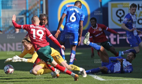 050425 - Carlisle United v Newport County - Sky Bet League 2 - Goalkeeper Gabe Breeze of Carlisle saves from David Ajiboye of Newport and also from Shane McLoughlin of Newport