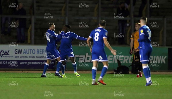 100320 - Carlisle United v Newport County - Sky Bet League 2 - Carlisle United players celebrate after Omari Patrick puts them 1-0 up