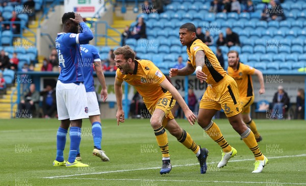 290417 - Carlisle United v Newport County - SkyBet League Two - Mickey Demetriou of Newport County celebrates scoring a goal with team mates