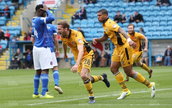 290417 - Carlisle United v Newport County - SkyBet League Two - Mickey Demetriou of Newport County celebrates scoring a goal with team mates