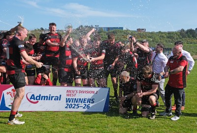 250426 - Fishguard v Carmarthen Athletic - Admiral National League 2 West - Carmarthen Athletic celebrate winning the league