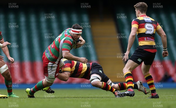 010516 - Carmarthen Quins v Llandovery - SSE SWALEC Cup Final - Richard brooks of Llandovery is tackled