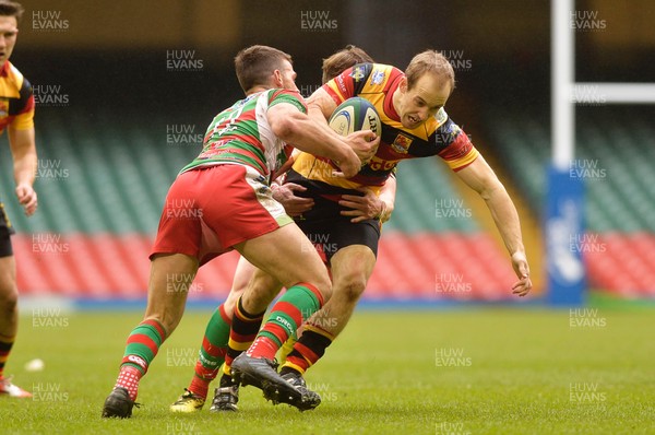 010516 Carmarthen Quins v Llandovery  SSE Swalec Cup Final 2016  Lee Williams of the Carmarthen Quins is tackled by Rhodri Jones of Llandovery 