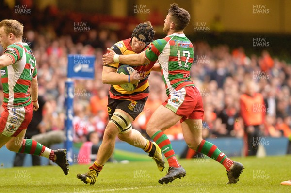 010516 Carmarthen Quins v Llandovery  SSE Swalec Cup Final 2016   Shaun Evans of the Carmarthen Quins takes on Rhodri Jones of Llandovery 