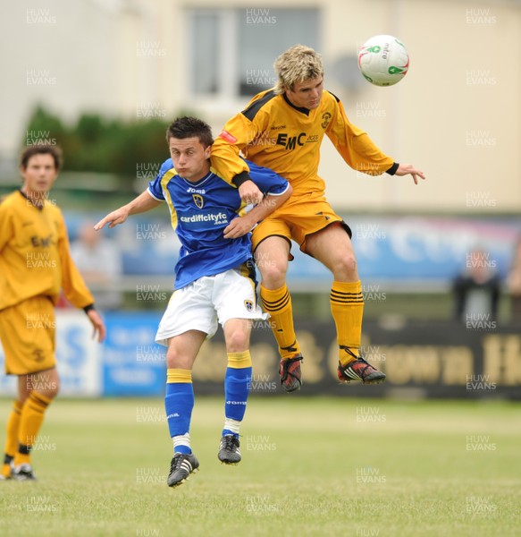 12.07.08 - Carmarthen Town v Cardiff City - Preseason Friendly - Carmarthen's Sacha Walters beats Rhys Kelleher 