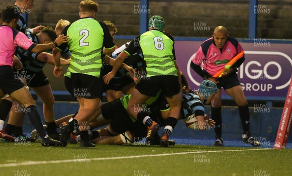170919 - CAVC v Coleg y Cymoedd, WRU National Schools and Colleges League - Iestyn Galton of CAVC powers over to score try
