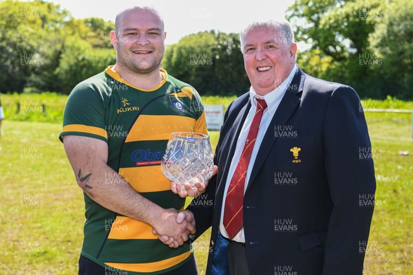190518 -  Cefneithin v Tonna - WRU National Division 3 West Central C -  Cefneithin captain Rhys Dickie receives the trophy from WRU representative Brian Fowler