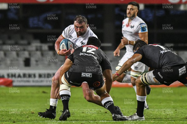 021222 - Cell C Sharks v Ospreys - United Rugby Championship - Sam Parry of the Ospreys is tackled by Ben Tapuai