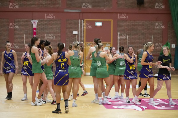 020422 - Celtic Dragons v Manchester Thunder - Vitality Netball Superleague - Players shake hands after the game