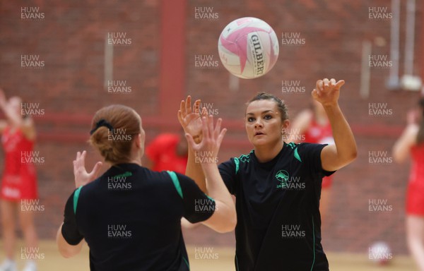 210522 - Celtic Dragons v Strathclyde Sirens, Vitality Netball Superleague - Nia Jones of Celtic Dragons warms up ahead of the match