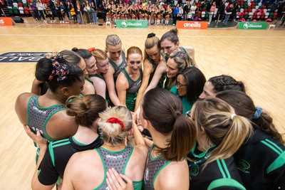 270323 - Celtic Dragons v Strathclyde Sirens - Vitality Netball Super League - Clare Jones of Celtic Dragons leads the team huddle