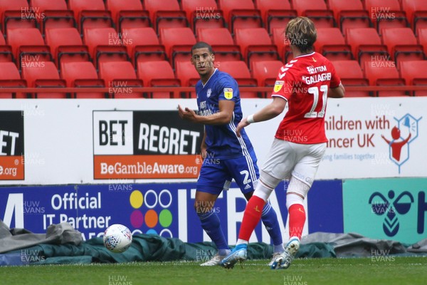 231119 - Charlton Athletic v Cardiff City - EFL SkyBet Championship - Lee Peltier of Cardiff City looks for options under pressure from Conor Gallagher of Charlton Athletic 