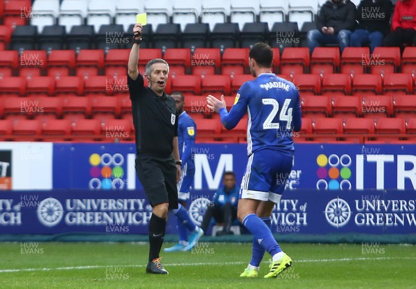 231119 - Charlton Athletic v Cardiff City - EFL SkyBet Championship - Gary Madine of Cardiff City is shown the yellow card for simulation by referee Darren Bond