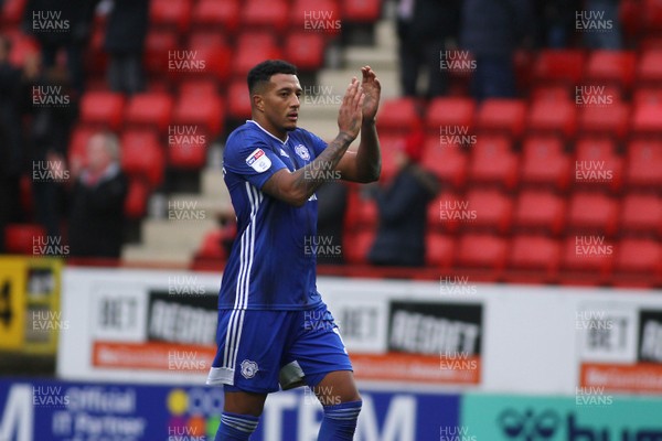 231119 - Charlton Athletic v Cardiff City - EFL SkyBet Championship - Goal scorer of Cardiff City Nathaniel Mendez Laing applauds the traveling fans at the end of the game