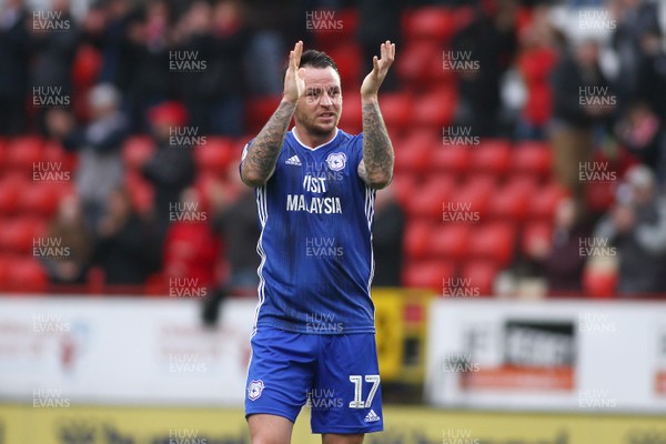 231119 - Charlton Athletic v Cardiff City - EFL SkyBet Championship - Goal scorer of Cardiff City Lee Tomlin applauds the traveling fans at the end of the game