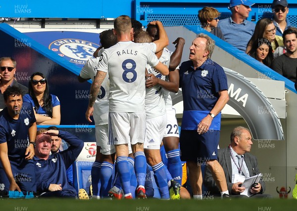 150918 - Chelsea v Cardiff City, Premier League - Sol Bamba of Cardiff City celebrates with team mates and staff after he scores goal as Cardiff City manager Neil Warnock looks on