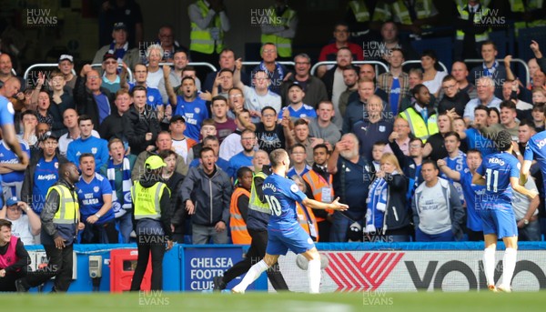 150918 - Chelsea v Cardiff City, Premier League - Eden Hazard of Chelsea celebrates in front of the Cardiff fans after scoring his second goal