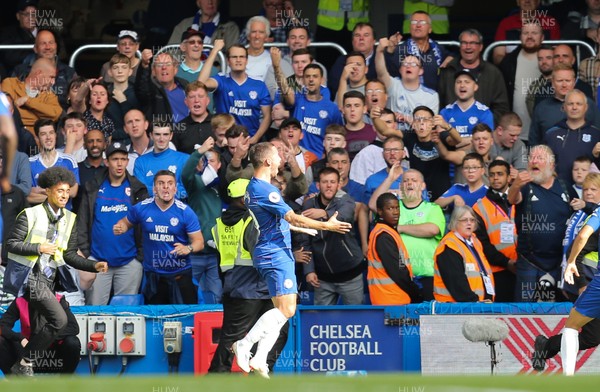 150918 - Chelsea v Cardiff City, Premier League - Eden Hazard of Chelsea celebrates in front of the Cardiff fans after scoring his second goal