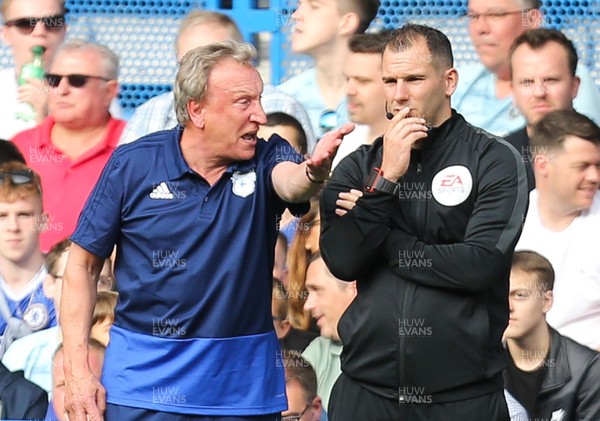 150918 - Chelsea v Cardiff City, Premier League - Cardiff City manager Neil Warnock remonstrates with the fourth official