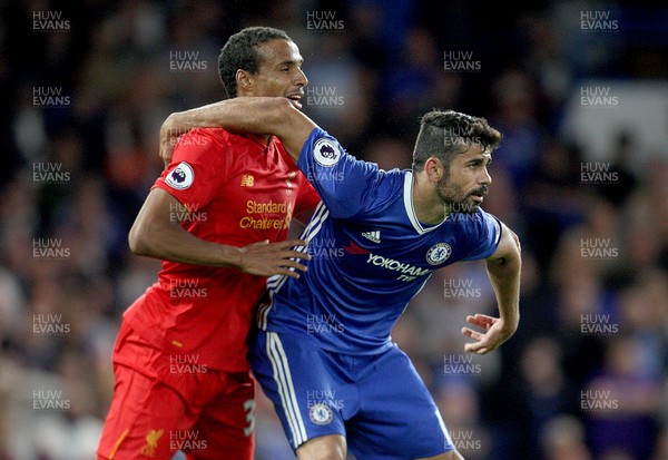 160916 - Chelsea vs Liverpool - Premier League -Diego Costa of Chelsea holds of Joel Matip of Liverpool