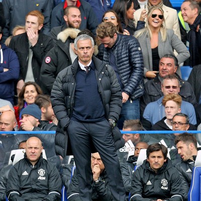 231016 - Chelsea vs Manchester United - Premier League -Jose Mourinho cuts a forlorn figure in the dug-out