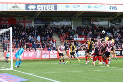 180426 - Cheltenham Town v Newport County - Sky Bet League 2 - Matt Baker of Newport County sees his header rebound off the cross bar