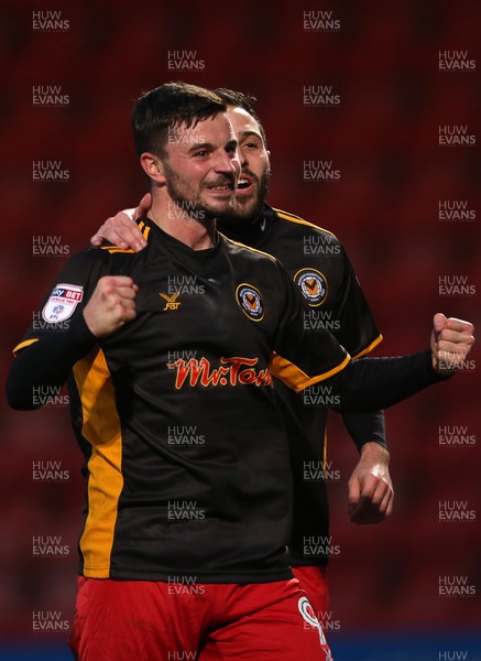 301217 - Cheltenham Town v Newport County - SkyBet League Two - Padraig Amond celebrates scoring a goal with Robbie Willmott of Newport County