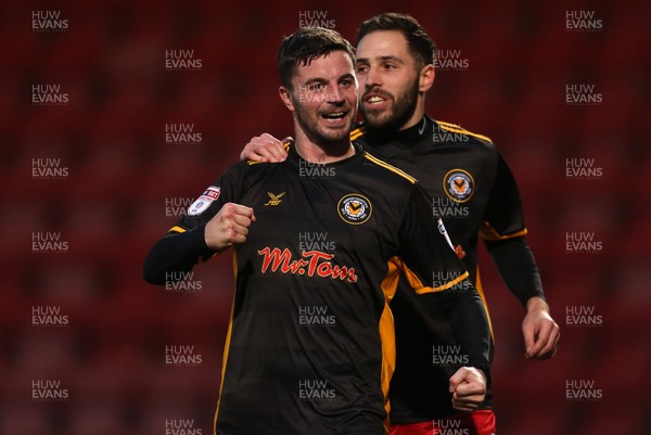 301217 - Cheltenham Town v Newport County - SkyBet League Two - Padraig Amond celebrates scoring a goal with Robbie Willmott of Newport County