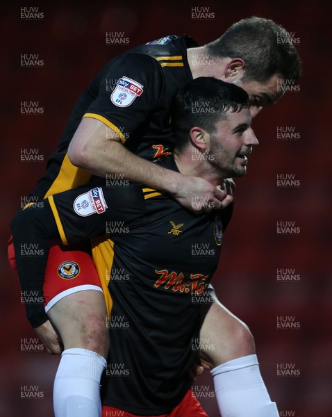 301217 - Cheltenham Town v Newport County - SkyBet League Two - Padraig Amond of Newport County celebrates scoring a goal with team mates