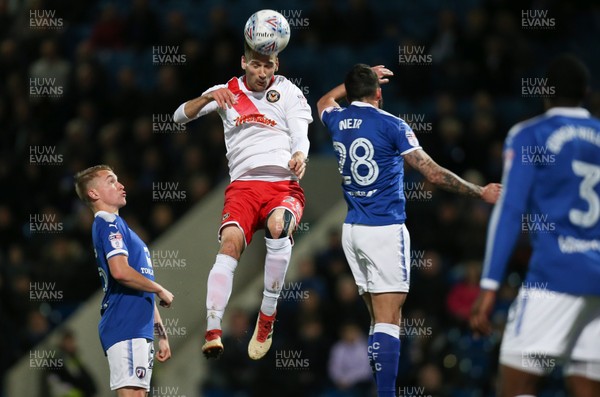 010518 - Chesterfield v Newport County, Sky Bet League 2 - Mickey Demetriou of Newport County heads at goal