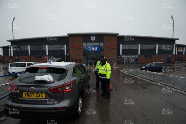 020418 - Chesterfield v Newport County, Sky Bet League Two - Stewards inform arriving fans  at Chesterfield's Proact Stadium that the match against Newport County has been called off