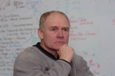 220206  Wales rugby - Defence Coach Clive Griffiths in front of his board at the Wales rugby training Centre