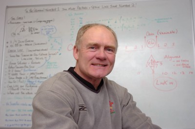 220206  Wales rugby - Defence Coach Clive Griffiths in front of his board at the Wales rugby training Centre