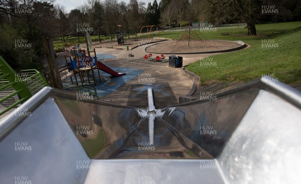 230320 - The deserted children's play area at Roath Park in Cardiff, after the council closed all children's play area at the city's parks