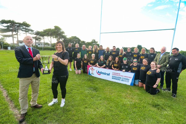 110723 Clwb Rygbi Abergele Women's National Leagues North Wales winners 2022/23 - WRU board member Alun Roberts presents team captain Beth Rose with the trophy