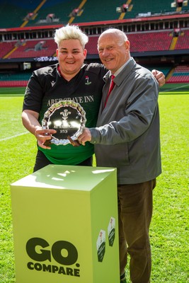 180426 - Clwb Rygbi Cymry Caerdydd v Seven Sisters - WRU Women's National Plate -  Seven Sisters captain Bethan Howell of Seven Sisters is presented with the plate by Terry Cobner
