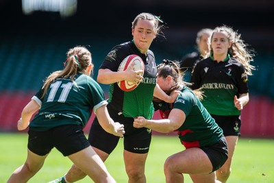 180426 - Clwb Rygbi Cymry Caerdydd v Seven Sisters - WRU Women's National Plate - Melissa Gnojek of Seven Sisters is tackled by Rhi Gower of Clwb Rygbi Cymry Caerdydd and Cara Ottaway of Clwb Rygbi Cymry Caerdydd