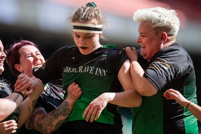 180426 - Clwb Rygbi Cymry Caerdydd v Seven Sisters - WRU Women's National Plate - Seven Sisters players celebrate the try by Seren O’Neill of Seven Sisters
