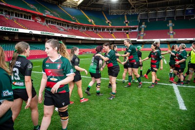 180426 - Clwb Rygbi Cymry Caerdydd v Seven Sisters - WRU Women's National Plate - Players shake hands after the match