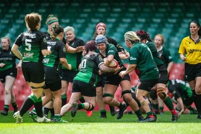 180426 - Clwb Rygbi Cymry Caerdydd v Seven Sisters - WRU Women's National Plate - Laura Satterly of Clwb Rygbi Cymry Caerdydd is tackled by Rachel Rees of Seven Sisters