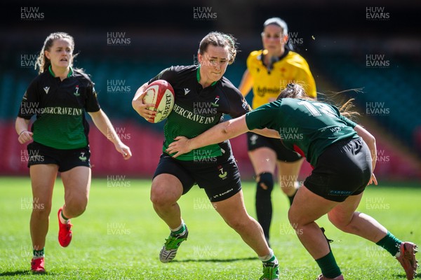 180426 - Clwb Rygbi Cymry Caerdydd v Seven Sisters - WRU Women's National Plate - Melissa Gnojek of Seven Sisters is tackled by Rhi Gower of Clwb Rygbi Cymry Caerdydd