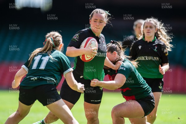 180426 - Clwb Rygbi Cymry Caerdydd v Seven Sisters - WRU Women's National Plate - Melissa Gnojek of Seven Sisters is tackled by Rhi Gower of Clwb Rygbi Cymry Caerdydd and Cara Ottaway of Clwb Rygbi Cymry Caerdydd