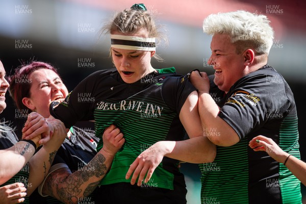 180426 - Clwb Rygbi Cymry Caerdydd v Seven Sisters - WRU Women's National Plate - Seven Sisters players celebrate the try by Seren O’Neill of Seven Sisters