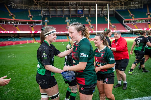 180426 - Clwb Rygbi Cymry Caerdydd v Seven Sisters - WRU Women's National Plate - Players shake hands after the match