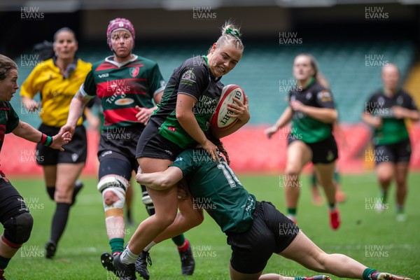 180426 - Clwb Rygbi Cymry Caerdydd v Seven Sisters - WRU Women's National Plate - Heeled Lewis of Seven Sisters is tackled by Morgan Hodgkins of Clwb Rygbi Cymry Caerdydd